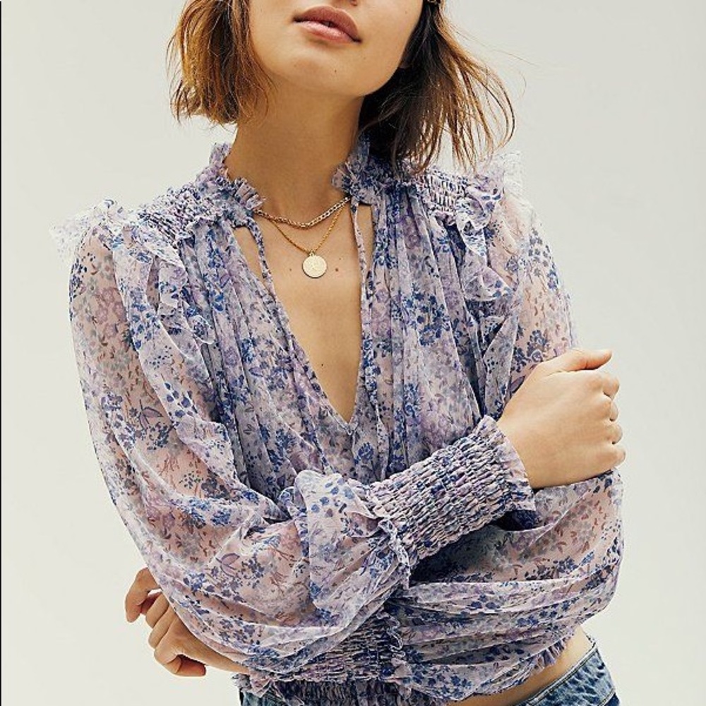 Free People Floral Sheer Blouse in Blue and Purple